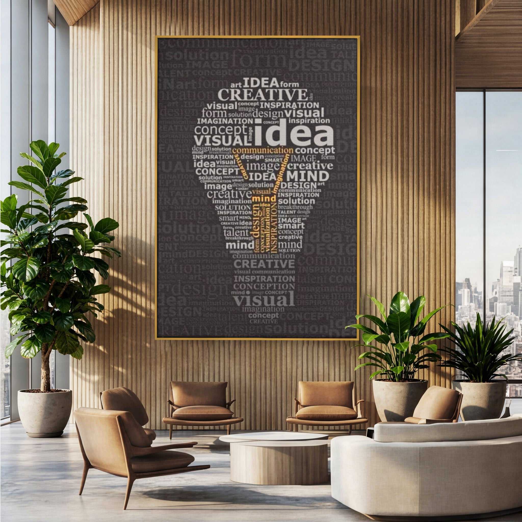 Tablou canvas cu tablou canvas cu silueta de bec formata din cuvinte, in rama de aluminiu auriu, pe perete intr-un birou
